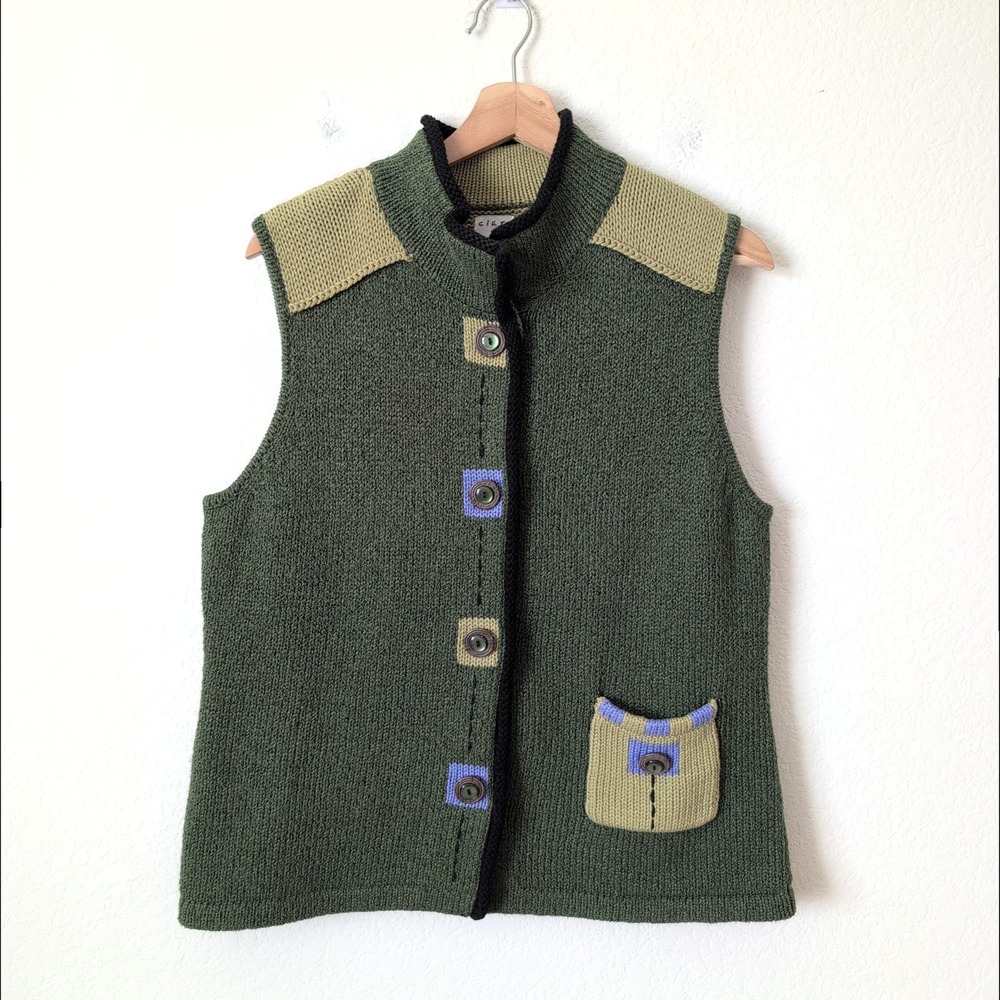 Clare Icelandic Design Womens Olive Green Knit Button Front Vest Large Mock Neck